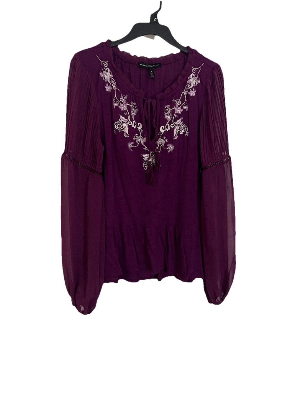 White House Black Market pleated sleeve embroidered top Whimsigoth Boho Size M - Picture 2 of 7